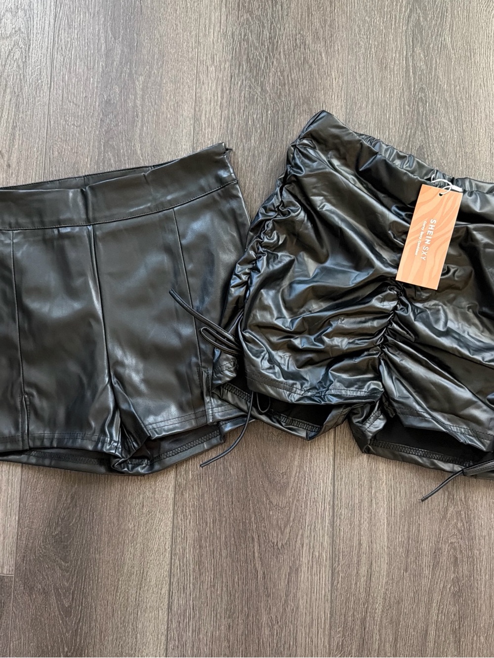 NWT SHEIN Black Faux Leather club Shorts Duo - Smooth & Ruched S